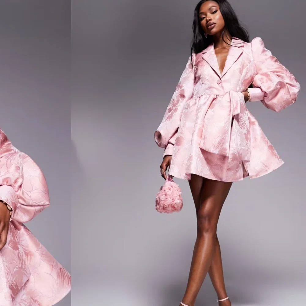 ASOS Pink Floral Jacquard Mini Dress with Statement Sleeves - Picture 3 of 4